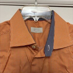 Eton Men's Orange Gingham Checkered Shirt Button Up Down Long Sleeve 43 17